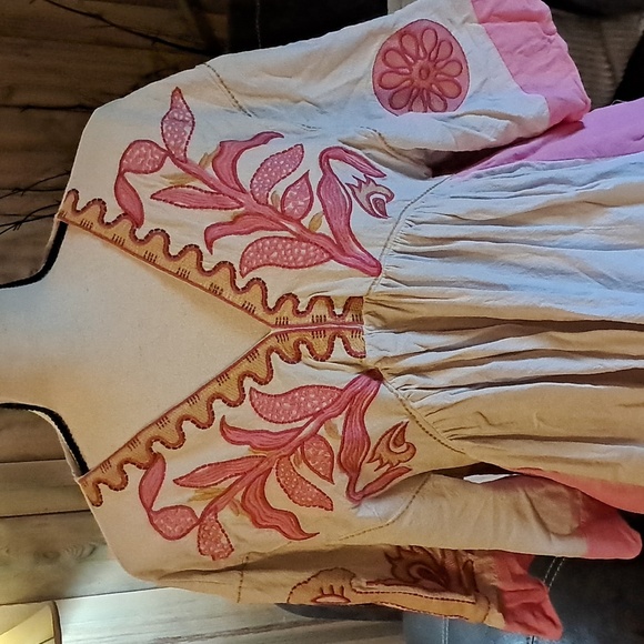 Veveret Embroidered Babydoll Shift Dress Mini Boho Hippie Linen Artsy Floral - Picture 2 of 10